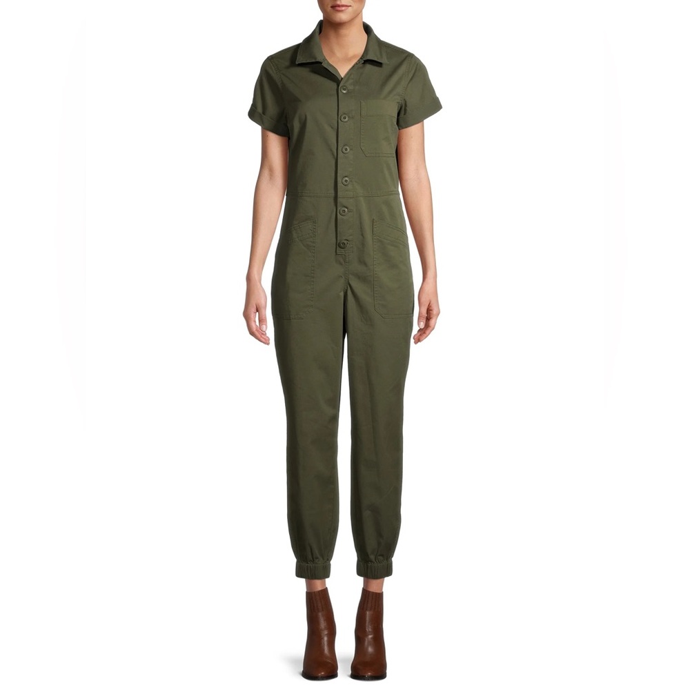 No Boundaries Short Sleeve Collared Boilersuit jumpsuit olive military green